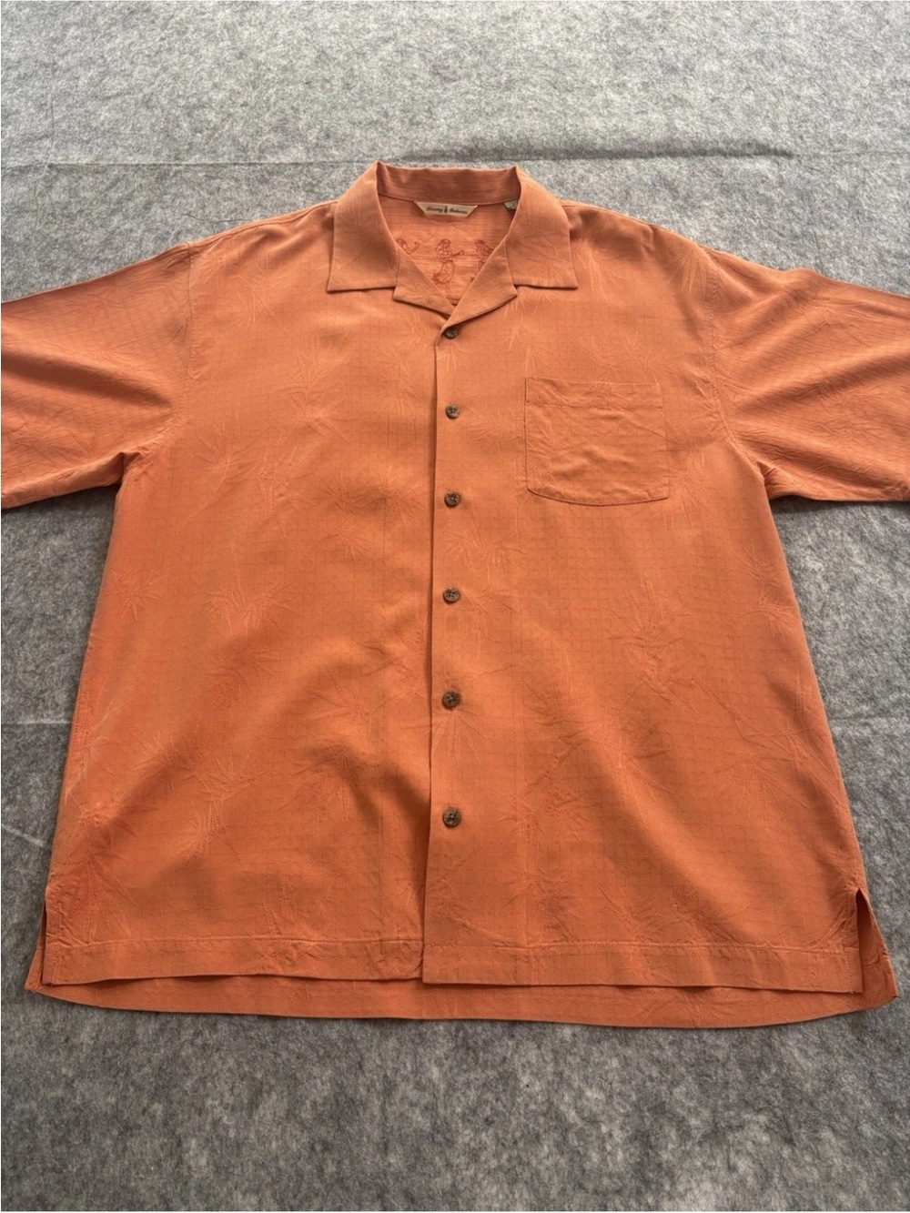 Vintage Tommy Bahama Mens L Orange 100% Silk Short Sleeve Button-Up Hula Girl